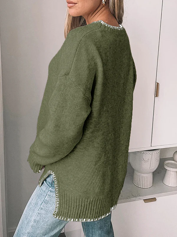 High-Low Long Sleeves Split-Joint Split-Side Round-Neck Pullovers Sweater Tops - Image 7