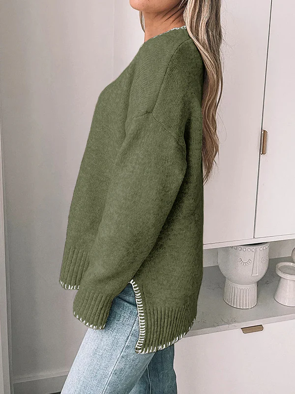 High-Low Long Sleeves Split-Joint Split-Side Round-Neck Pullovers Sweater Tops - Image 8