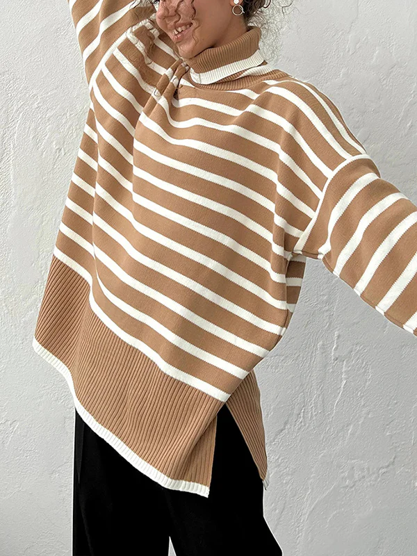 High-Low Long Sleeves Split-Joint Split-Side Striped High Neck Sweater Tops - Image 10