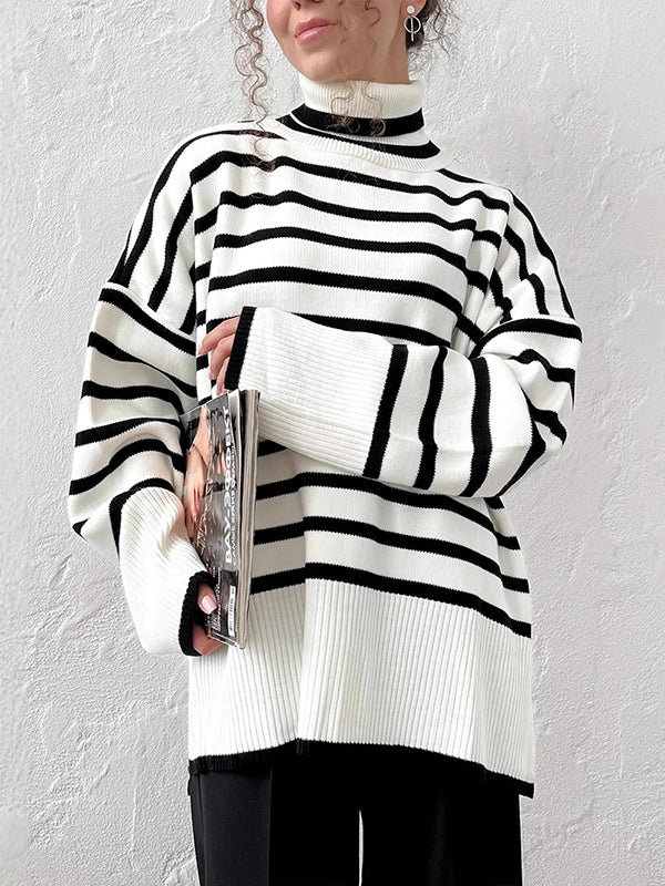 High-Low Long Sleeves Split-Joint Split-Side Striped High Neck Sweater Tops - Image 2