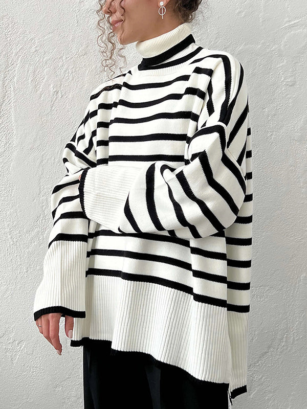 High-Low Long Sleeves Split-Joint Split-Side Striped High Neck Sweater Tops - Image 3