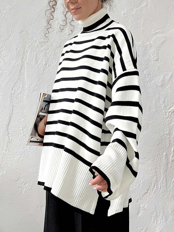 High-Low Long Sleeves Split-Joint Split-Side Striped High Neck Sweater Tops - Image 4