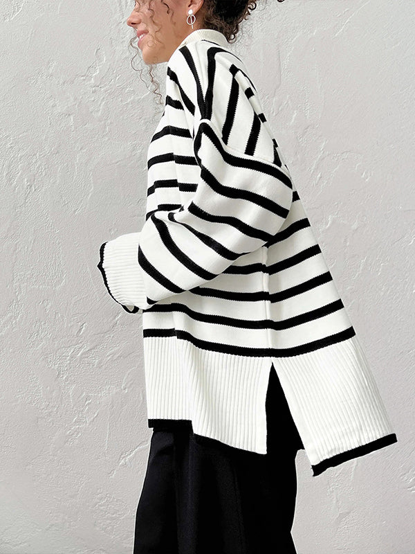 High-Low Long Sleeves Split-Joint Split-Side Striped High Neck Sweater Tops - Image 5