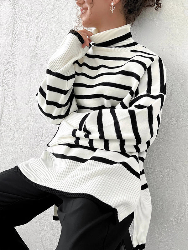 High-Low Long Sleeves Split-Joint Split-Side Striped High Neck Sweater Tops - Image 6