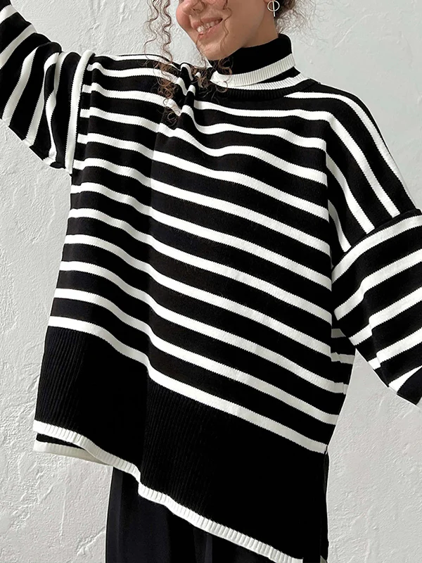 High-Low Long Sleeves Split-Joint Split-Side Striped High Neck Sweater Tops - Image 8
