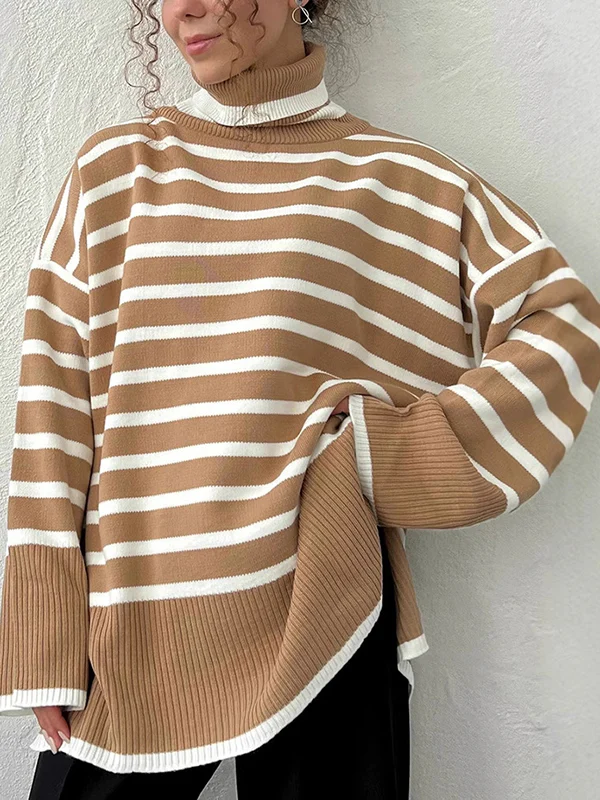 High-Low Long Sleeves Split-Joint Split-Side Striped High Neck Sweater Tops - Image 9