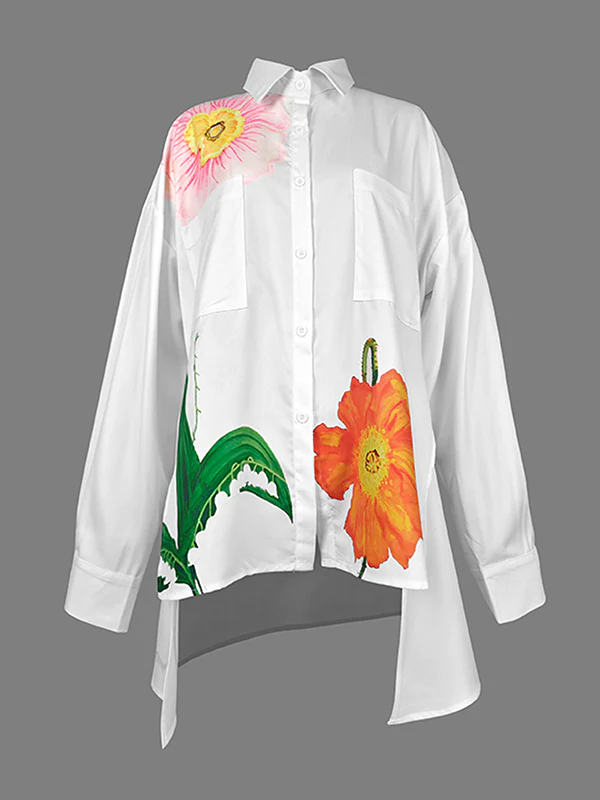 High-Low Loose Asymmetric Floral Printed Split-Joint Split-Side Lapel Blouses - Image 4