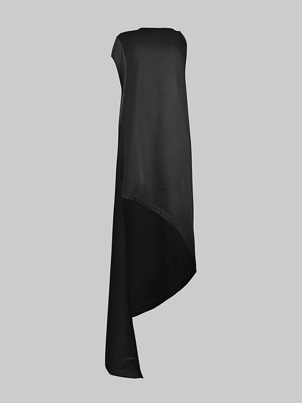 High-low Loose Asymmetric Solid Color Split-side Round-neck Maxi Dresses - Image 4