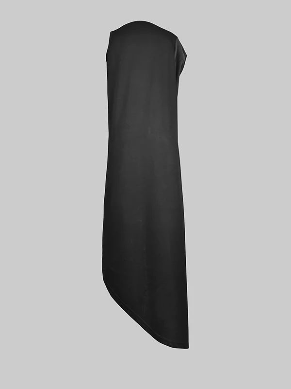 High-low Loose Asymmetric Solid Color Split-side Round-neck Maxi Dresses - Image 5