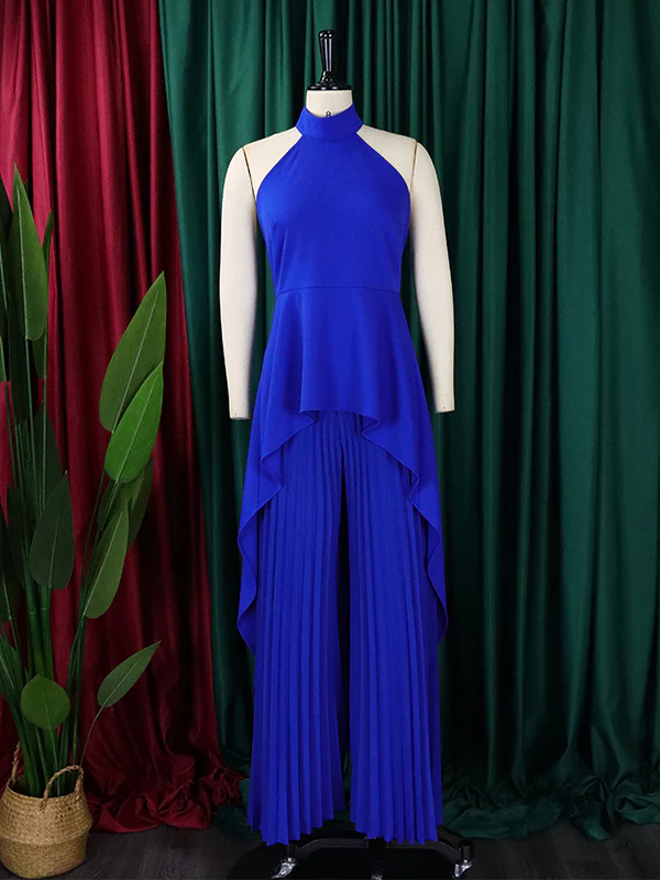 Loose Backless Lacy Solid Color Halter-Neck Vest Top + High-Low Pants Bottom Two Pieces Set - Image 11