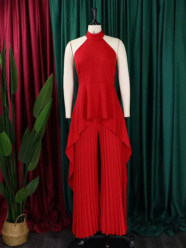 Loose Backless Lacy Solid Color Halter-Neck Vest Top + High-Low Pants Bottom Two Pieces Set - Image 14