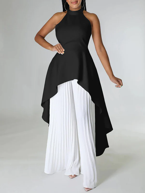 Loose Backless Lacy Solid Color Halter-Neck Vest Top + High-Low Pants Bottom Two Pieces Set - Image 2