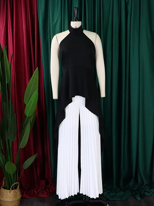 Loose Backless Lacy Solid Color Halter-Neck Vest Top + High-Low Pants Bottom Two Pieces Set - Image 20