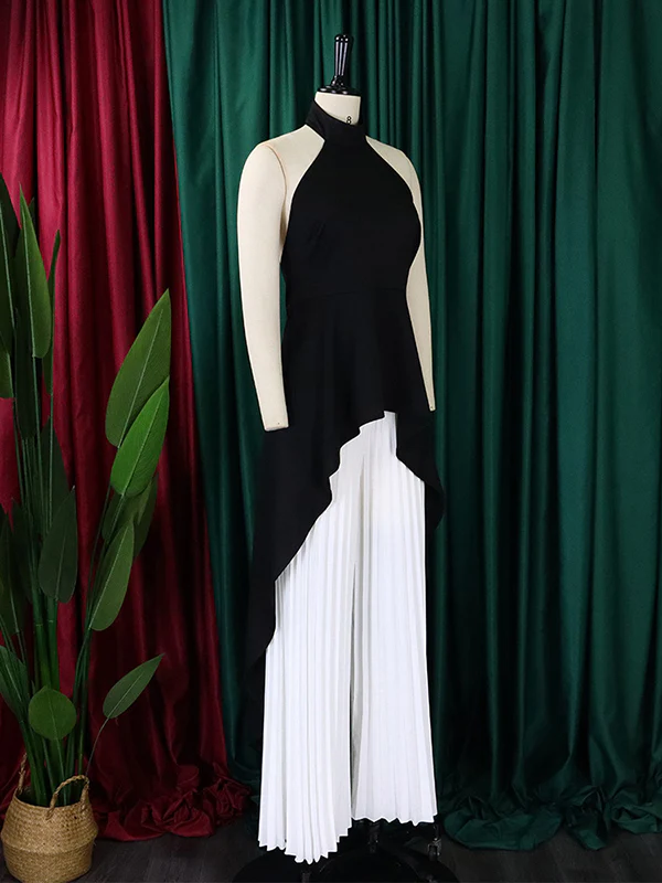 Loose Backless Lacy Solid Color Halter-Neck Vest Top + High-Low Pants Bottom Two Pieces Set - Image 21