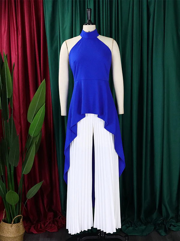 Loose Backless Lacy Solid Color Halter-Neck Vest Top + High-Low Pants Bottom Two Pieces Set - Image 23