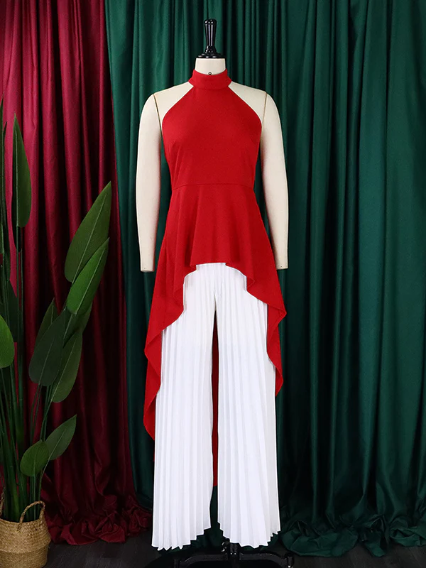 Loose Backless Lacy Solid Color Halter-Neck Vest Top + High-Low Pants Bottom Two Pieces Set - Image 26