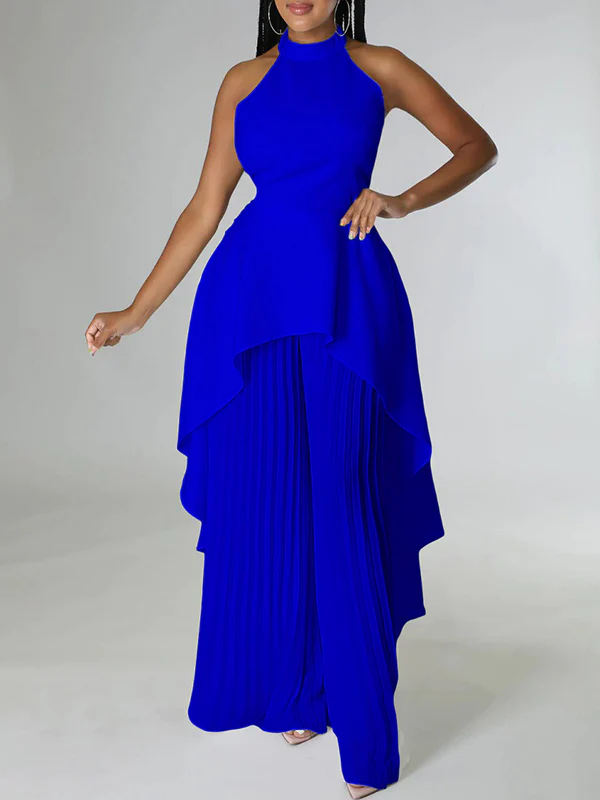 Loose Backless Lacy Solid Color Halter-Neck Vest Top + High-Low Pants Bottom Two Pieces Set - Image 3