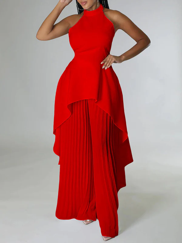 Loose Backless Lacy Solid Color Halter-Neck Vest Top + High-Low Pants Bottom Two Pieces Set - Image 4