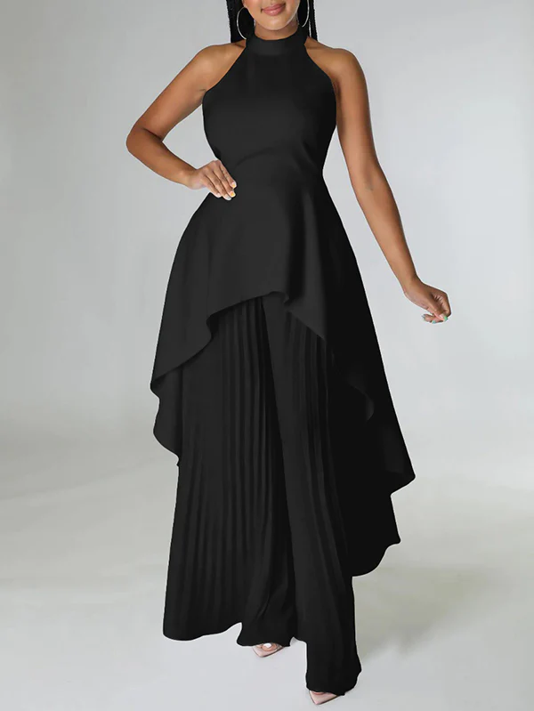 Loose Backless Lacy Solid Color Halter-Neck Vest Top + High-Low Pants Bottom Two Pieces Set - Image 5