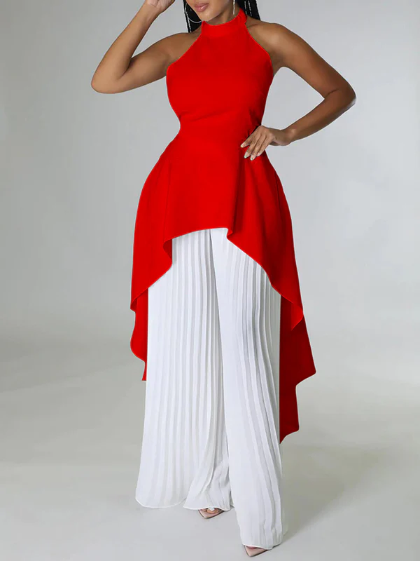 Loose Backless Lacy Solid Color Halter-Neck Vest Top + High-Low Pants Bottom Two Pieces Set - Image 7