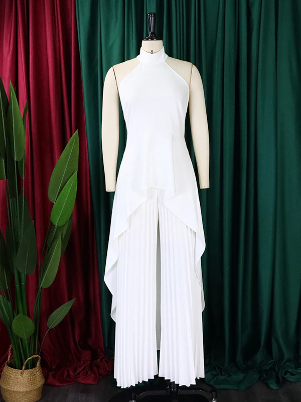 Loose Backless Lacy Solid Color Halter-Neck Vest Top + High-Low Pants Bottom Two Pieces Set - Image 8