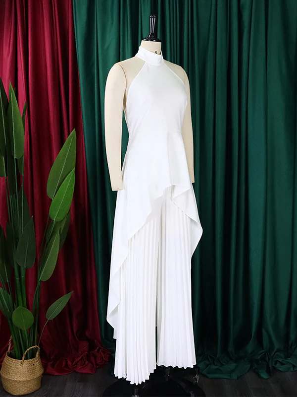 Loose Backless Lacy Solid Color Halter-Neck Vest Top + High-Low Pants Bottom Two Pieces Set - Image 9