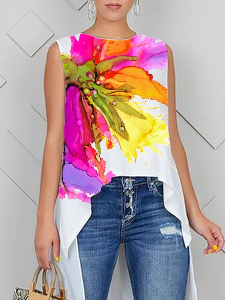 High-Low Loose Flower Print Round-Neck Blouses&Shirts Tops Vest Top - Image 2