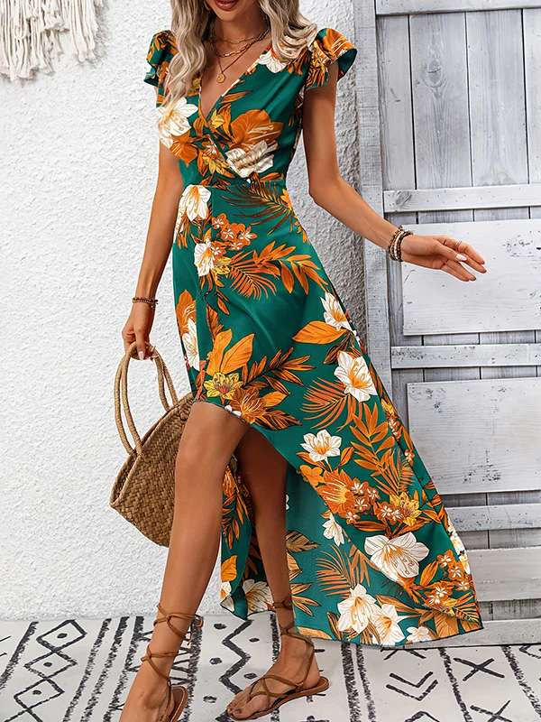 High-Low Loose Flower Print Split-Joint V-Neck Maxi Dresses - Image 4