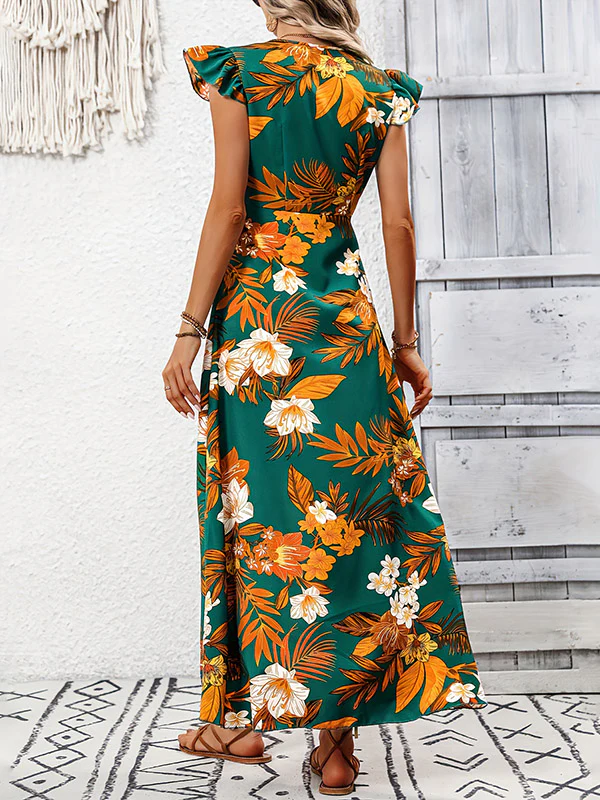 High-Low Loose Flower Print Split-Joint V-Neck Maxi Dresses - Image 7