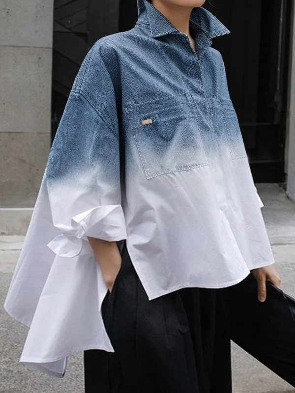 High-Low Loose Gradient Printed Split-Joint Split-Side Lapel Blouses&Shirts Tops