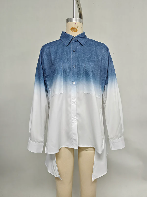 High-Low Loose Gradient Printed Split-Joint Split-Side Lapel Blouses&Shirts Tops - Image 10