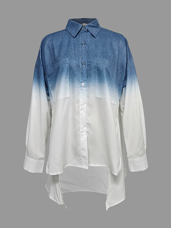 High-Low Loose Gradient Printed Split-Joint Split-Side Lapel Blouses&Shirts Tops - Image 4