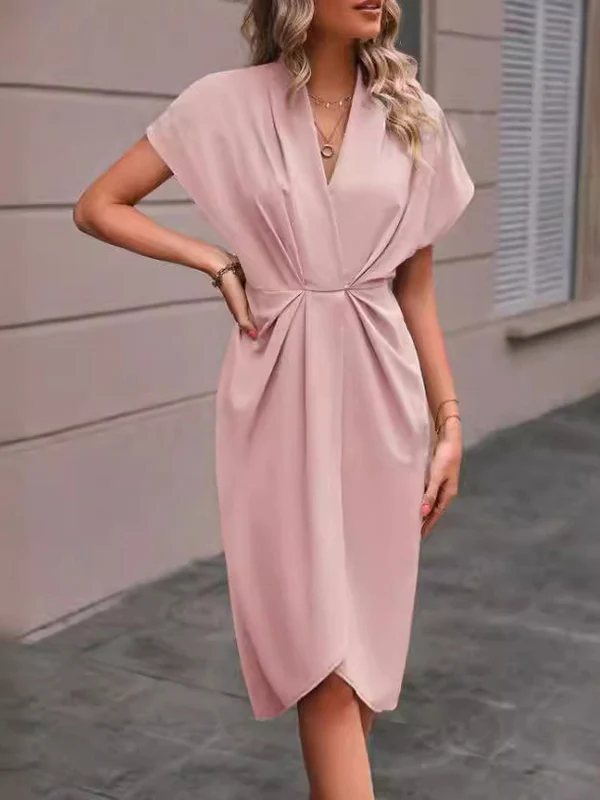 High-Low Loose Knot Pleated Solid Color Split-Front V-Neck Midi Dresses - Image 10