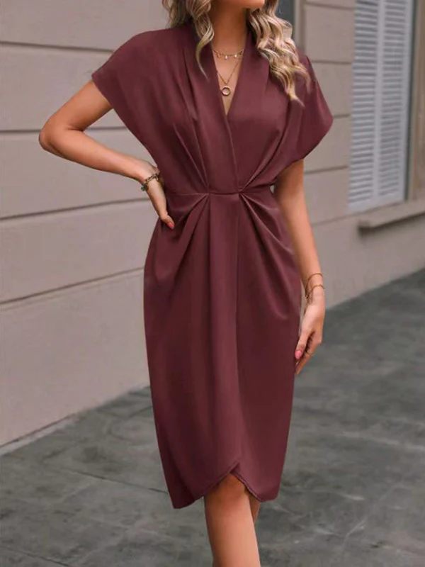 High-Low Loose Knot Pleated Solid Color Split-Front V-Neck Midi Dresses - Image 13