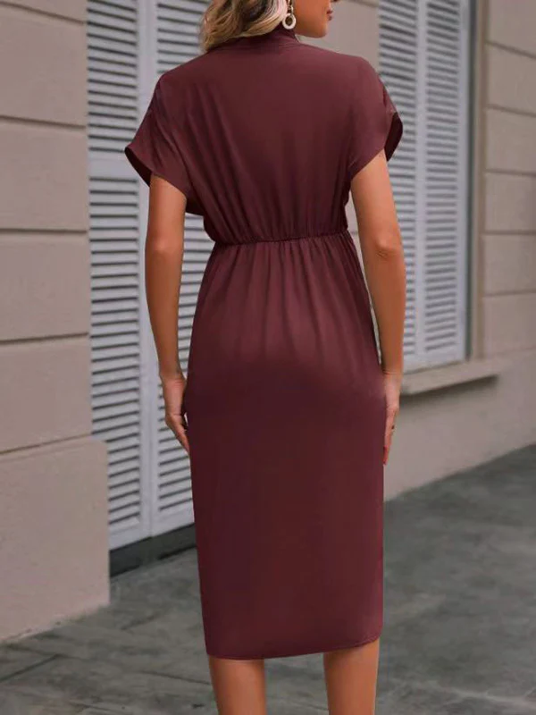 High-Low Loose Knot Pleated Solid Color Split-Front V-Neck Midi Dresses - Image 14