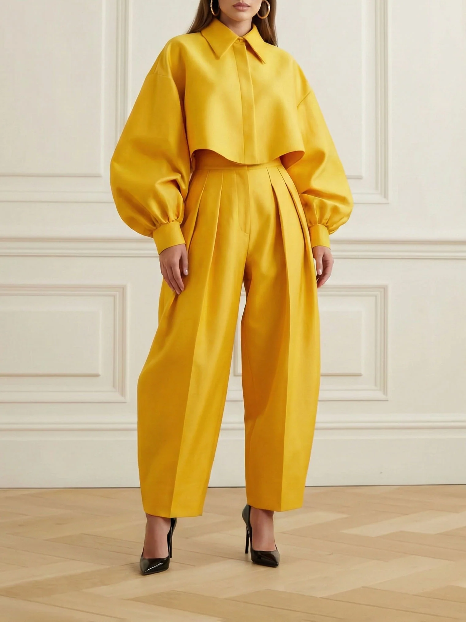 High-Low Loose Pleated Pockets Solid Color Pants Trousers - Image 2