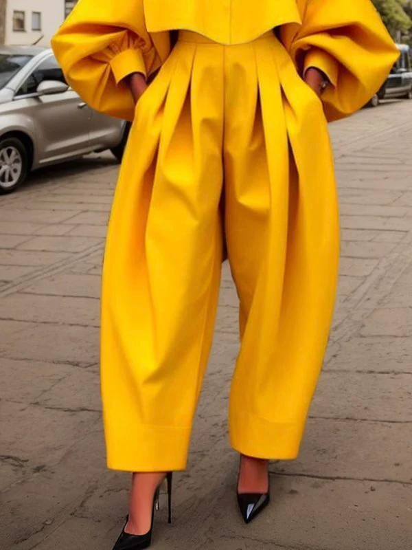 High-Low Loose Pleated Pockets Solid Color Pants Trousers - Image 3