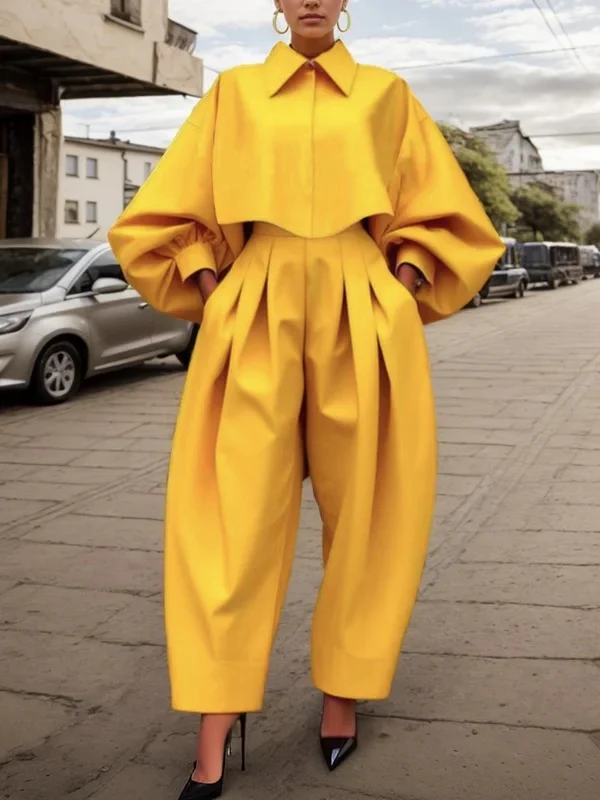 High-Low Loose Pleated Pockets Solid Color Pants Trousers - Image 4