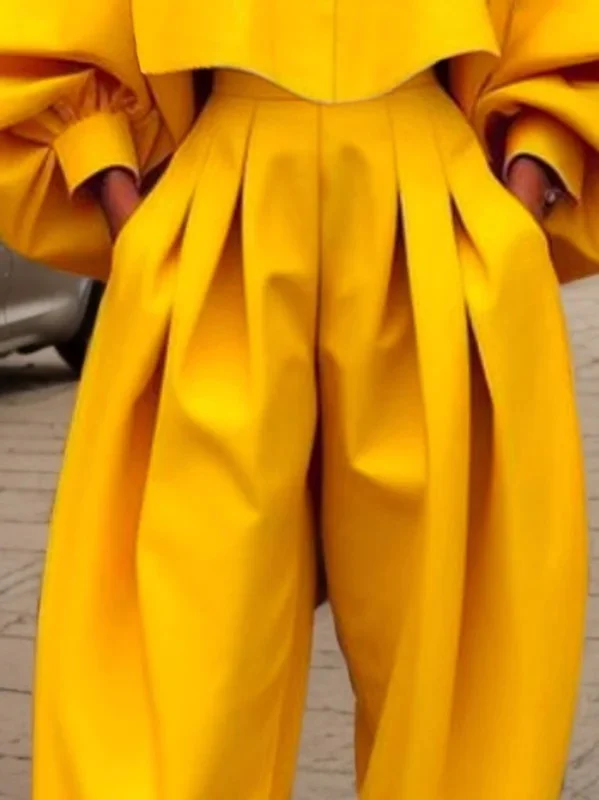 High-Low Loose Pleated Pockets Solid Color Pants Trousers - Image 5
