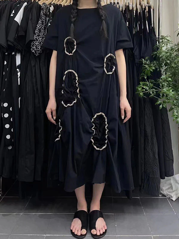 High-Low Loose Pleated Round-Neck Midi Dresses - Image 2