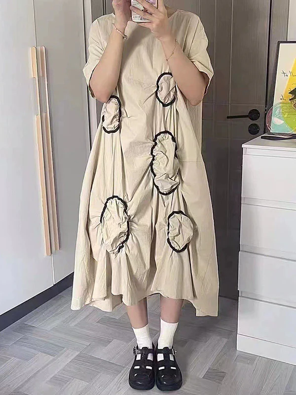 High-Low Loose Pleated Round-Neck Midi Dresses - Image 3