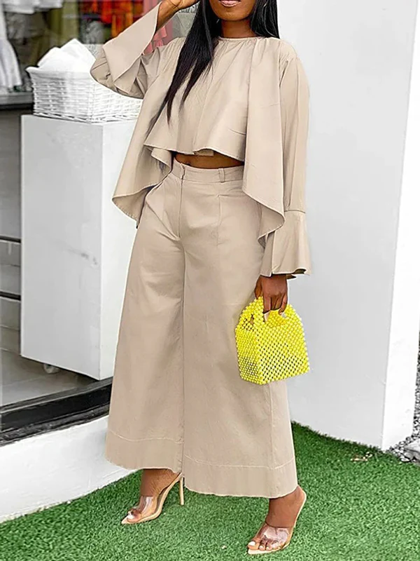 High-Low Loose Pleated Solid Color Split-Joint Round-Neck Blouses&Shirts Tops - Image 2