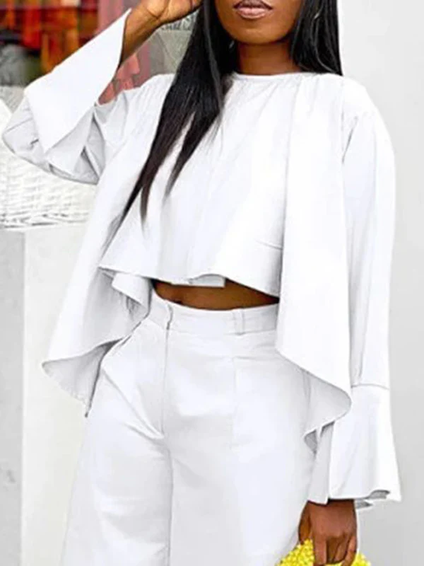 High-Low Loose Pleated Solid Color Split-Joint Round-Neck Blouses&Shirts Tops - Image 4