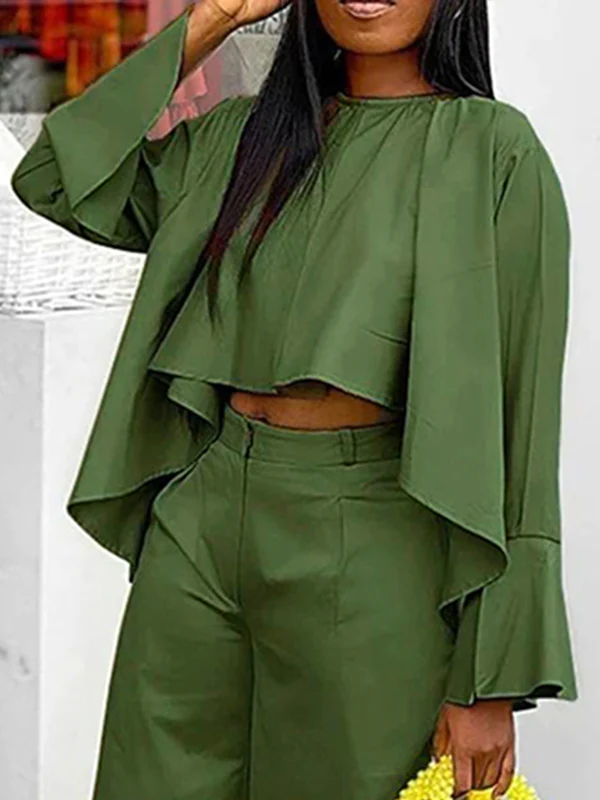 High-Low Loose Pleated Solid Color Split-Joint Round-Neck Blouses&Shirts Tops - Image 5