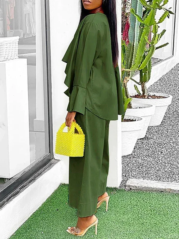 High-Low Loose Pleated Solid Color Split-Joint Round-Neck Blouses&Shirts Tops - Image 7