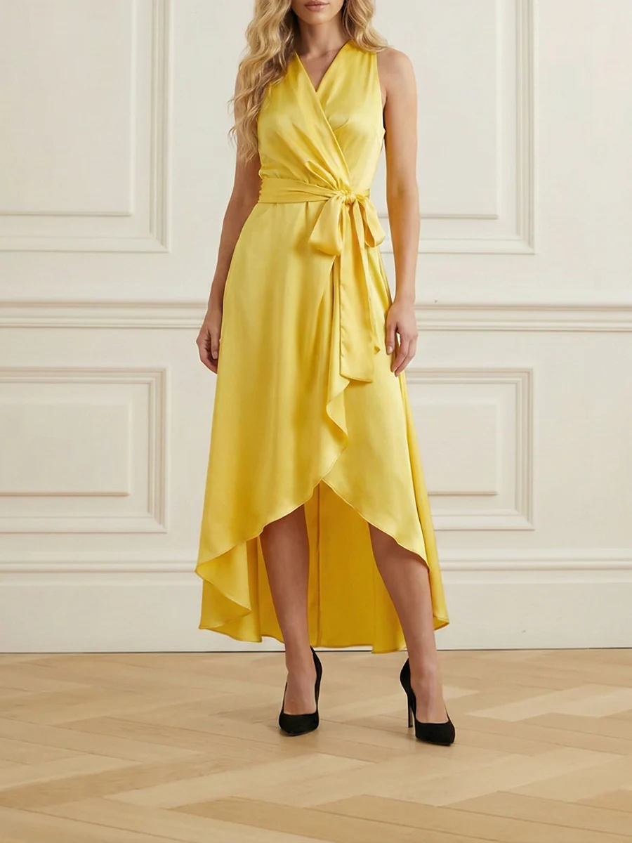 High-Low Loose Ruffle Trim Solid Color Tied Waist V-Neck Maxi Dresses