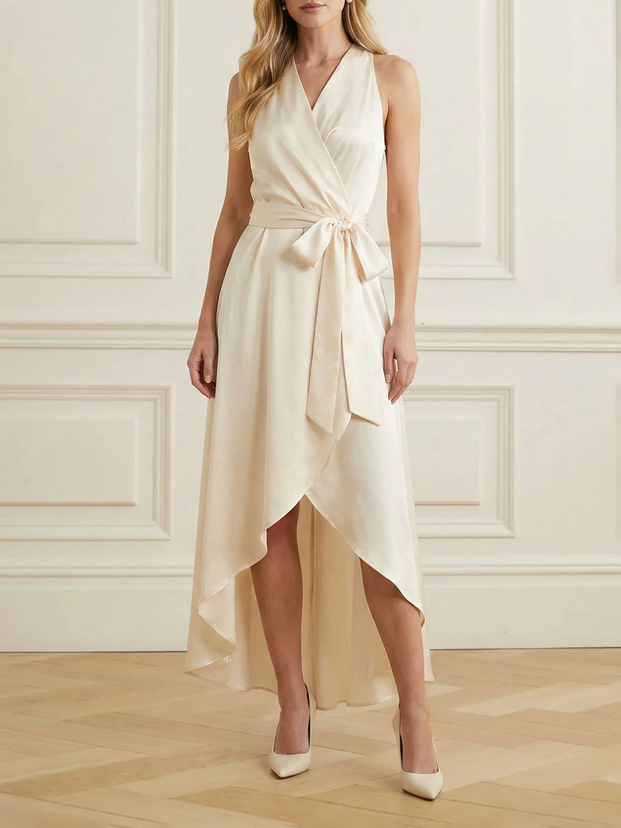 High-Low Loose Ruffle Trim Solid Color Tied Waist V-Neck Maxi Dresses - Image 2