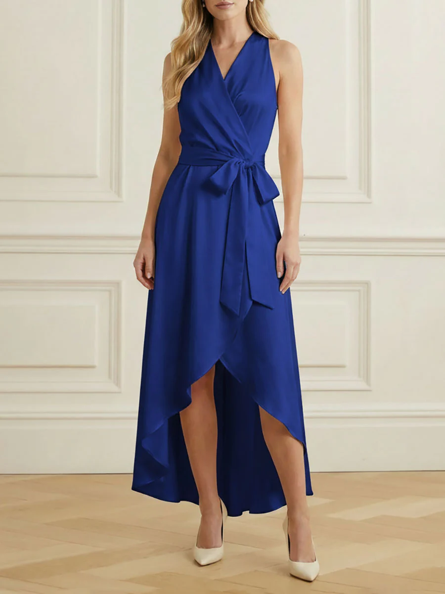 High-Low Loose Ruffle Trim Solid Color Tied Waist V-Neck Maxi Dresses - Image 3