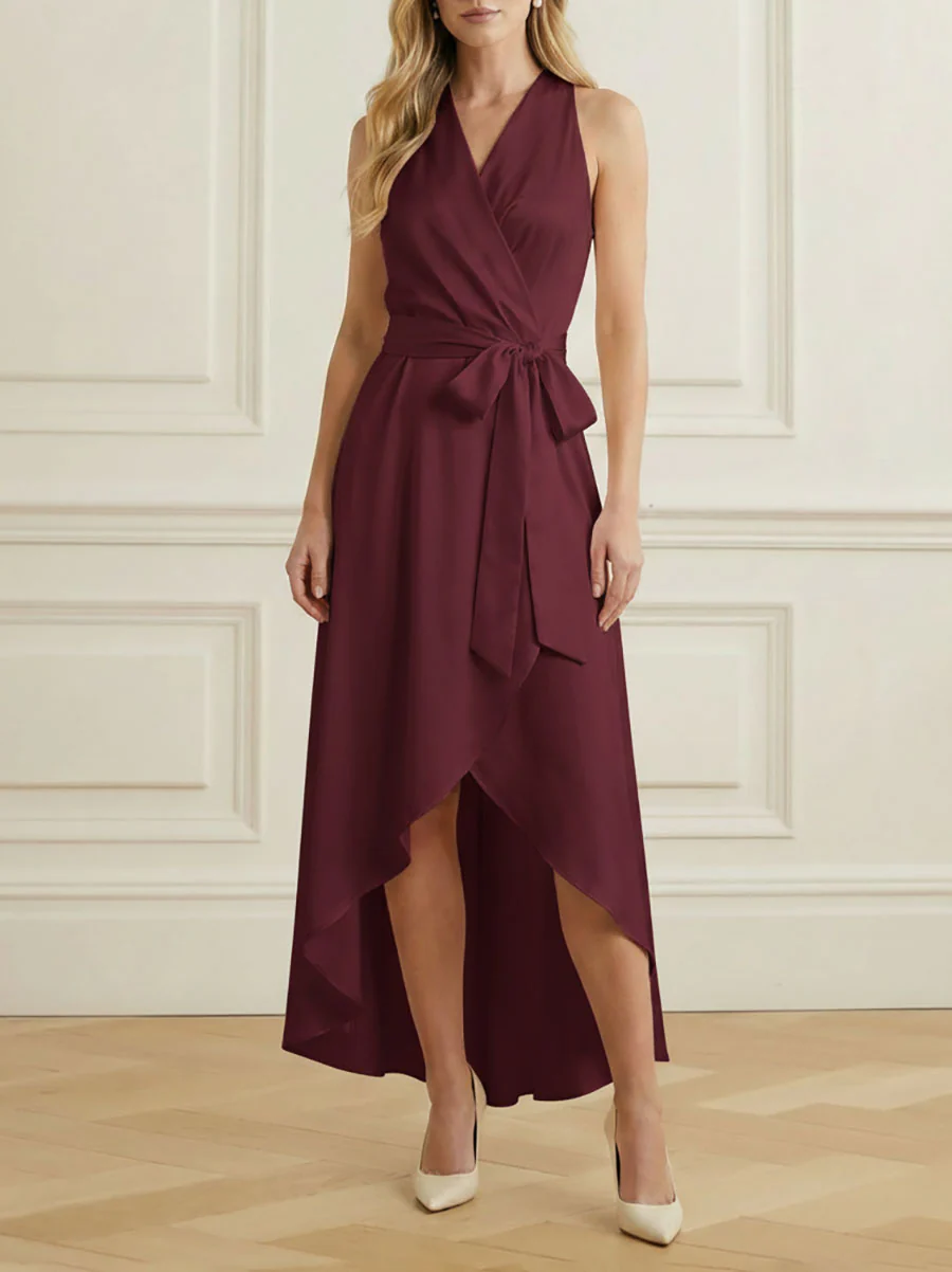 High-Low Loose Ruffle Trim Solid Color Tied Waist V-Neck Maxi Dresses - Image 4
