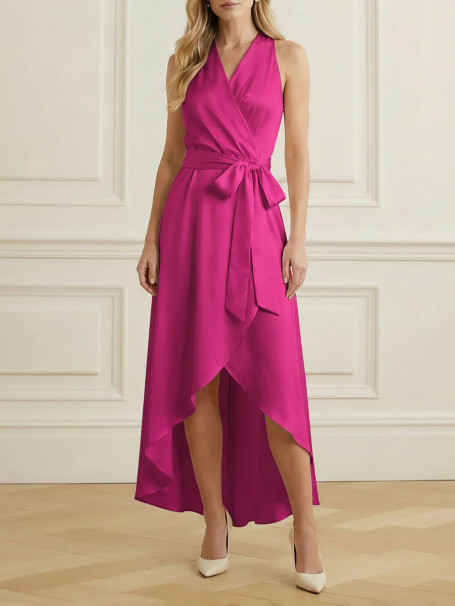 High-Low Loose Ruffle Trim Solid Color Tied Waist V-Neck Maxi Dresses - Image 5